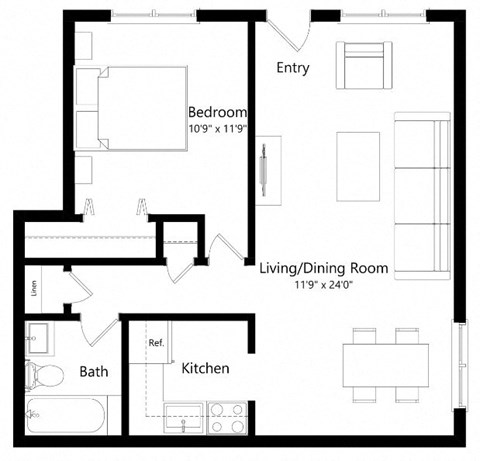 Floor plan for 1 bed, 1 bath, 593 sqft